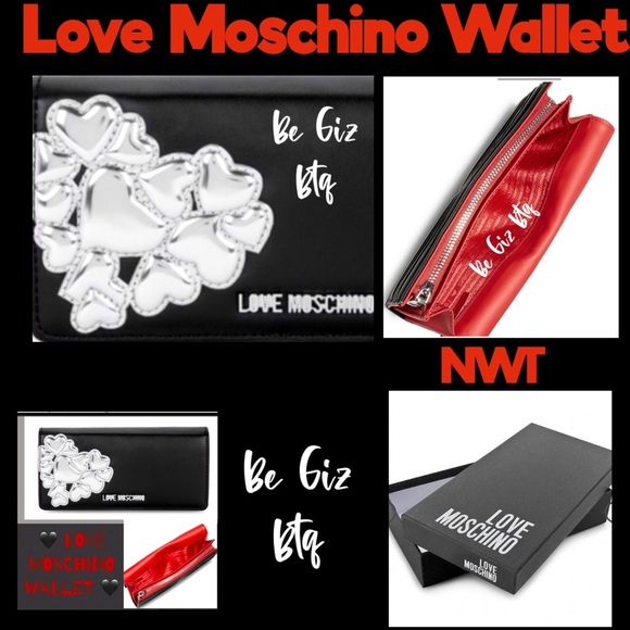 NWT Love Moschino Authentic Metallic Hearts Wallet Black And Silver - Picture 1 of 15